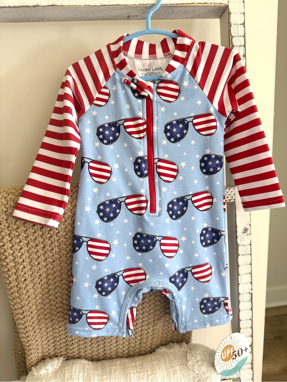 Caden Lane Blue Patriotic Sunglasses Rashguard One-Piece
